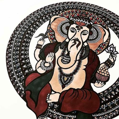 11 X 14 mandala. Ganesh's full body image is colored with markers, mainly brown, tan, green, and red. Surrounding mandala is colored in with dark red, burgundy, forest green, and black. Mandala is finished with black, green, and gold pop-up paint dots and golden paint dots.

SOLD OUT. 