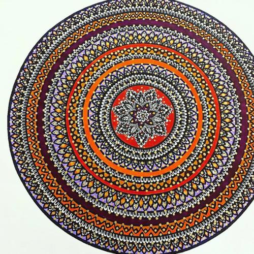11 X 14 mandala drawn with black ink, colored in with red, orange, and light purple marker, finished with golden paint dots. 

This item comes with a frame. 

Price: $250