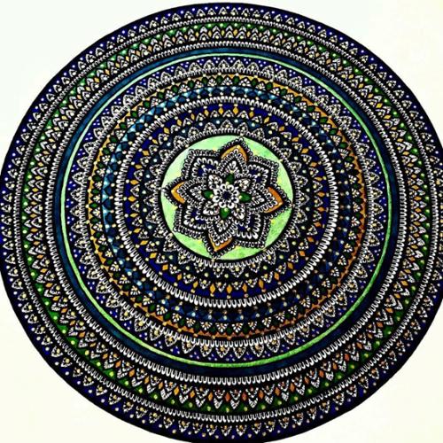 11 X 14 mandala drawn with black ink and colored with dark blue, light metallic green, forest green, teal, and finished with golden paint dots. 

This item comes with a frame. 

Price: $250