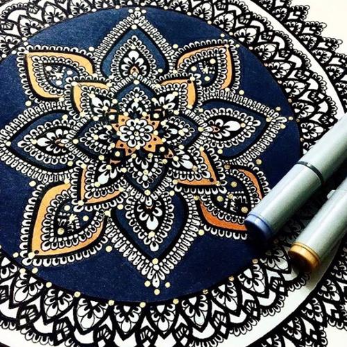 9 X 12 Mandala drawn with black ink and colored in with bring orange and dark gray marker, designed with white paint dots. 

SOLD OUT! 